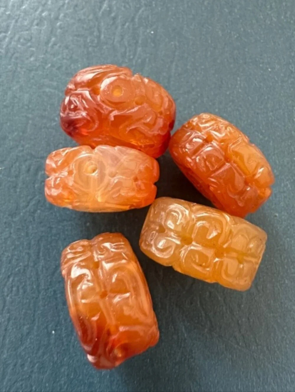 Vintage Carved Carnelian Round Beads - Set of 5
